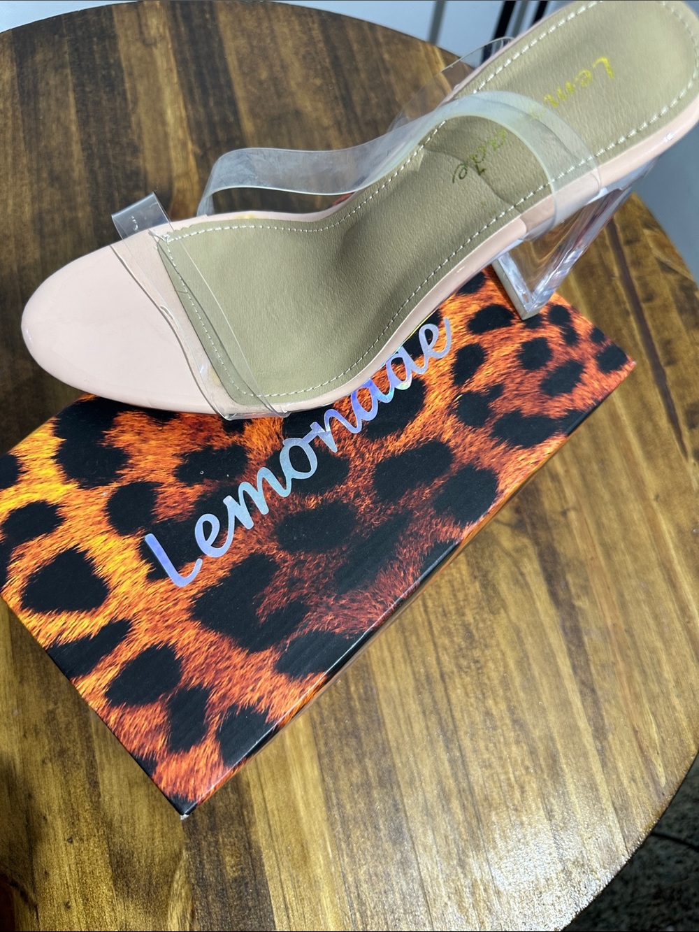 Lemon Clear Strap Blush Toe Block Heels
